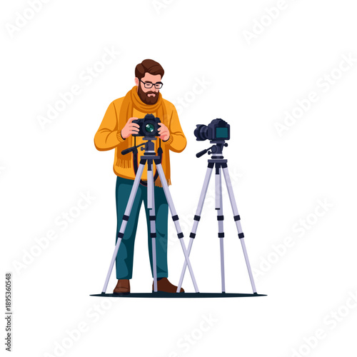 Professional photographer adjusting camera settings on a tripod for a perfect shot.