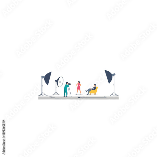 Professional photo shoot with photographer, model, and lighting equipment.