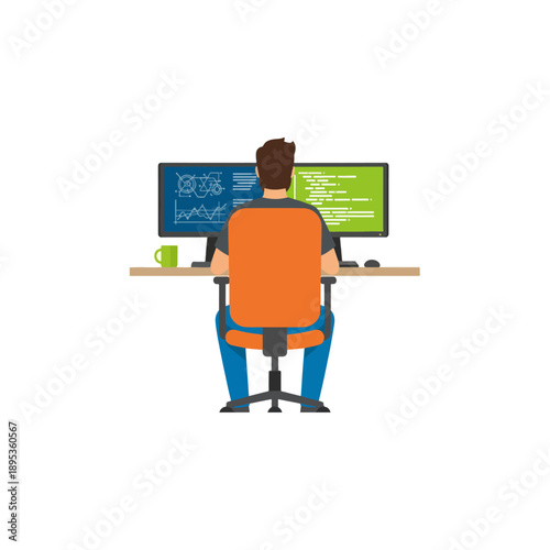 Programmer working on computer with multiple monitors.