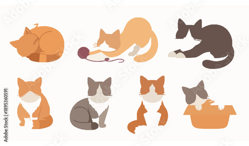Cute cartoon cats daily activities set sleeping playing stretching flat vector