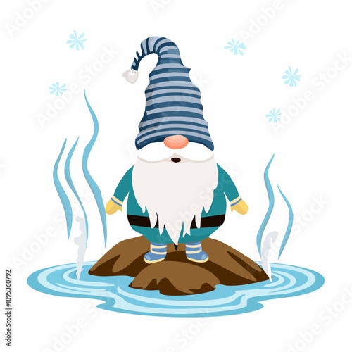 A jolly gnome with a heat-resistant hat, standing on a geyser, with steam rising