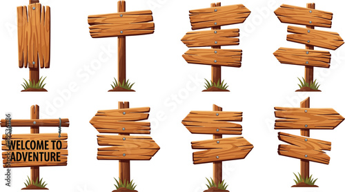 Set of eight rustic wooden signboards, blank directional arrows, and welcome sign for game UI, isolated vector on white background.