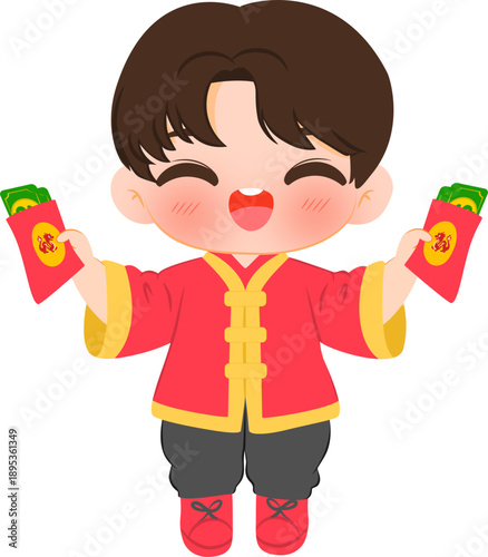 boy holding red envelopes celebrating chinese new year