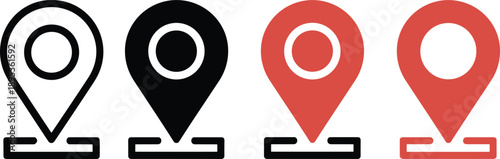 Map location pin icon set in black and red colors showing outline and solid styles for navigation, GPS, destination, and user interface design