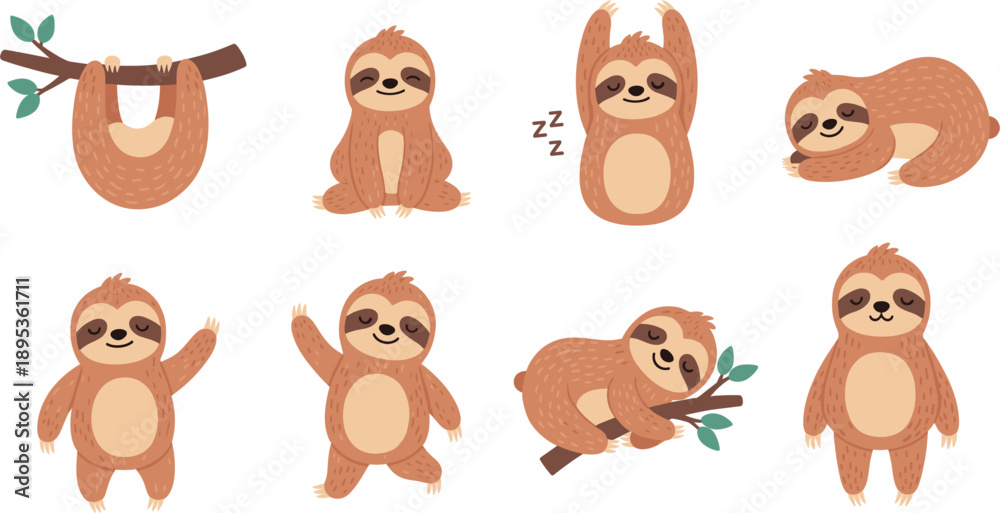 Fototapeta premium Cute Sloth Cartoon Character Set with Various Poses Sleeping Hanging on Branch and Waving for Children Nursery Decor Stickers and Tropical Wildlife Designs