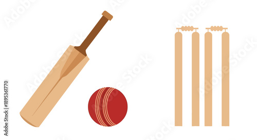 Cricket equipment including bat, ball, and wickets arranged on a clean white surface for a match preparation viewpoint.