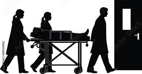 Silhouette of medical team transporting patient on hospital stretcher toward operating room door, emergency healthcare concept, surgery preparation, clinical teamwork, urgent medical care scene