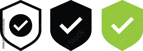 Three shield icons with check marks representing security, protection, verification, and trust concept for cybersecurity, data safety, privacy assurance, and secure digital systems