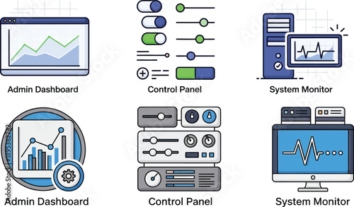 Six system and control icons including dashboard control panel and system monitor isolated on transparent background