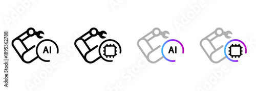 AI robotic arm icon set industrial automation manufacturing artificial intelligence technology featuring mechanical hand