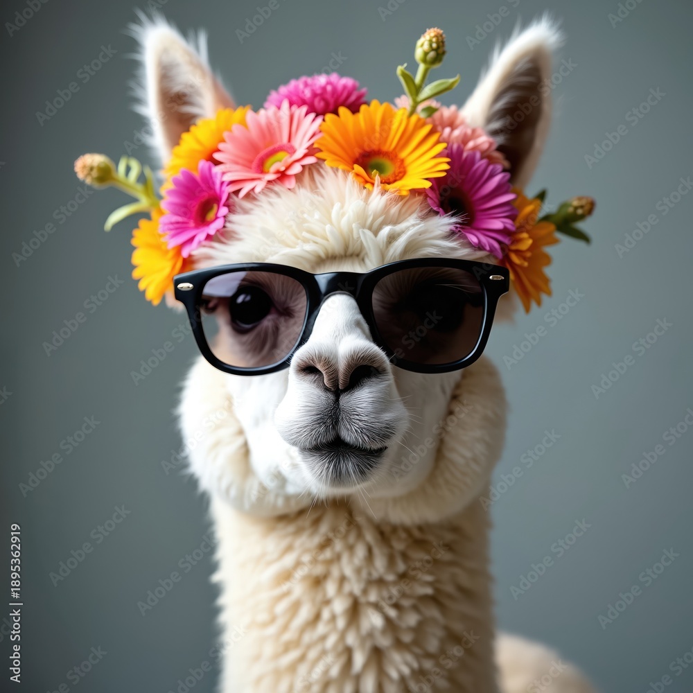 Fototapeta premium Funny llama wears sunglasses and flower crown. This calm animal poses for a portrait, looking cool and stylish for a summer vacation or party. Its fluffy wool is well visible.
