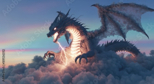 Epic fantasy dragon flying high above the clouds at sunset