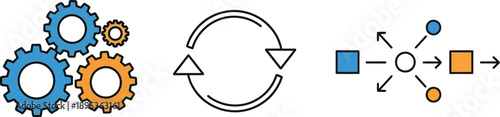 Gears and process flowchart icons isolated on transparent background