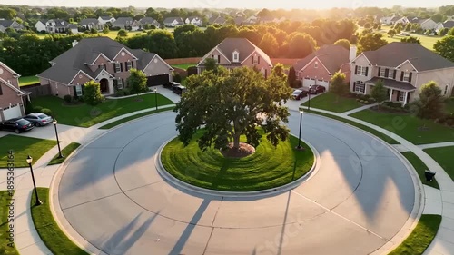 An aerial view of a circular suburban cul-de-sac with manicured lawns, driveways, and well-kept houses.