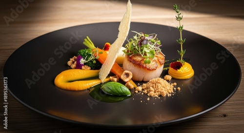 Artistic gourmet scallop dish with colorful garnishes