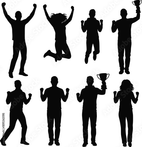 Silhouettes of people celebrating achievements in various dynamic poses