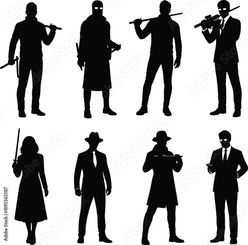 Diverse group of silhouetted spies and agents holding various weapons, standing in a row against a neutral background from a front viewpoint