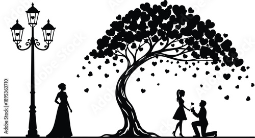 Black and white silhouette of a man kneeling to propose to a woman under a heart shaped tree with a romantic street lamp nearby