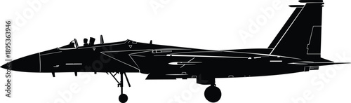 Black and white silhouette of a modern military fighter jet aircraft in side view profile for air force defense aviation and aerospace combat concepts