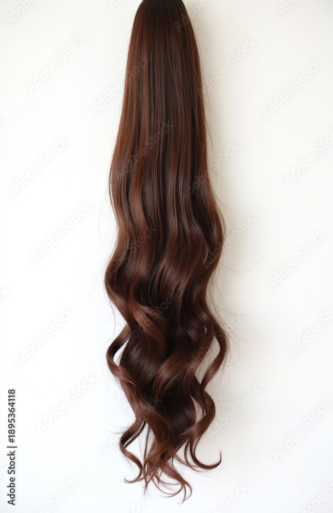 Obraz premium Long wavy brown hair extension clip on ponytail isolated on white background. Realistic synthetic hairpiece adds volume and length instantly. Versatile hair accessory for quick style change.