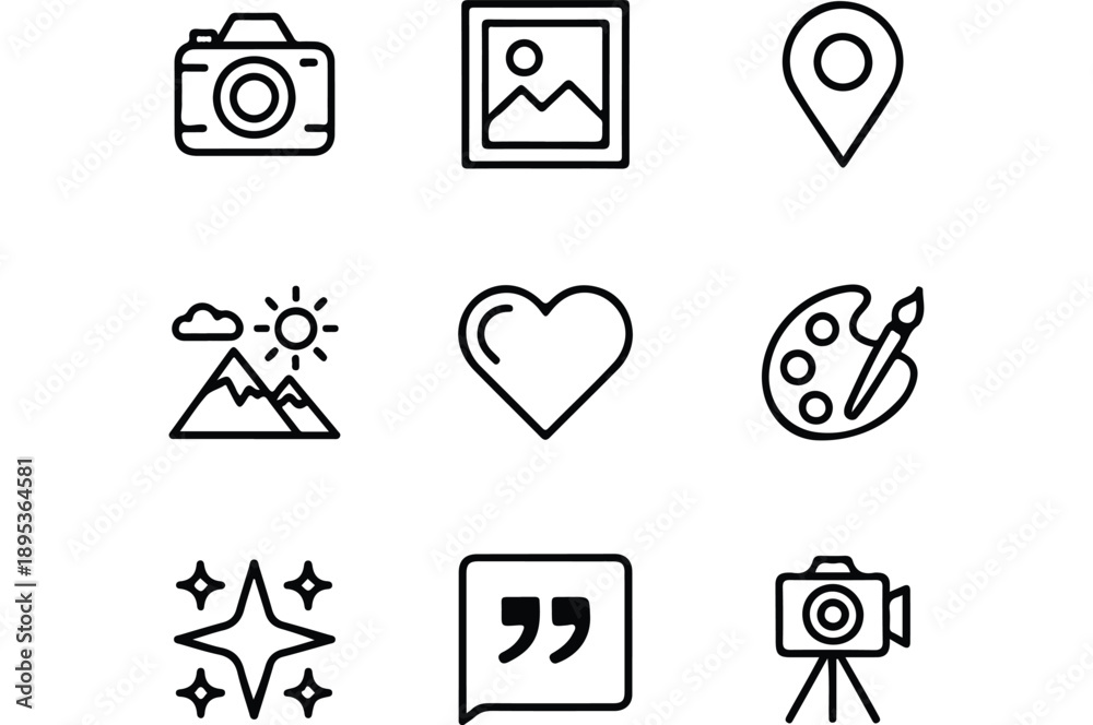Fototapeta premium Set of simple outline icons representing camera, photo, location, mountains, heart, art, stars, quote and tripod camera