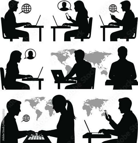 People working remotely on laptops at desks with global communication icons