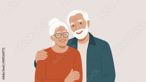 A happy and loving senior couple with white hair smiles warmly while embracing each other affectionately