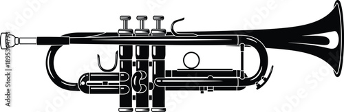 Black and white vector illustration of a professional brass trumpet musical instrument in side view profile for jazz music orchestral performance and artistic concert designs