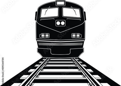 Black and white vector illustration of a modern passenger train engine approaching on railroad tracks for public transportation transit and industrial locomotive travel designs