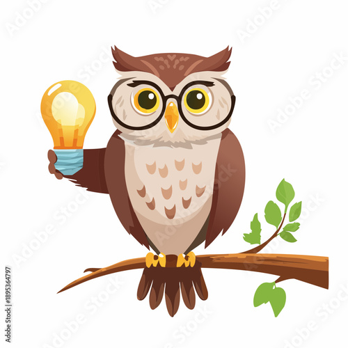 A wise owl perched on a branch, wearing glasses and holding an energy-efficient light bulb