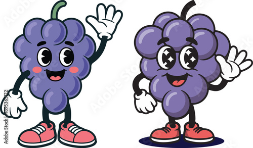 Cute Cartoon Grape Mascot Waving, Funny Fruit Character Illustration.