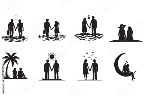 A romantic couple in love, depicted in various silhouettes holding hands and showing affection.