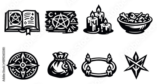 Summoning preparation elements in bold style: ritual book, chalk markings, candle set, offering bowl, alignment compass, preparation pouch, boundary ring. Vector icons
