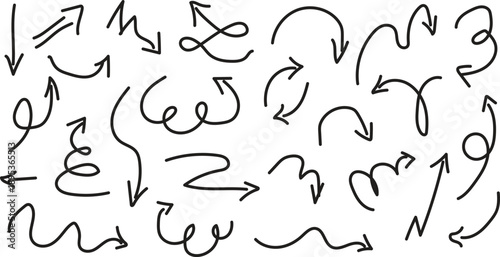 Minimalist black hand drawn swirl and curve arrows on white background