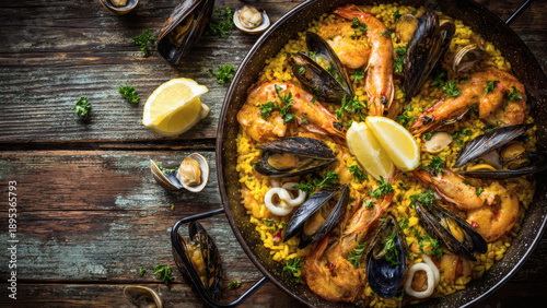 A top-down professional shot of a delicious seafood paella dish with shrimp, mussels, and lemon on a rustic wooden table