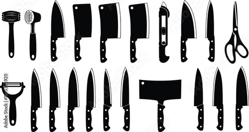 Large set of black and white silhouettes featuring various professional kitchen knives meat cleavers scissors peelers and meat tenderizers for culinary and restaurant designs
