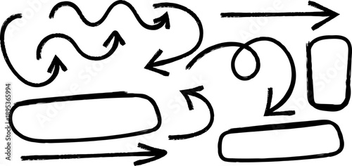 A minimalist black and white sketch showcases several arrows and abstract shapes illustrating directional flow and simple forms high quality professional detailed modern