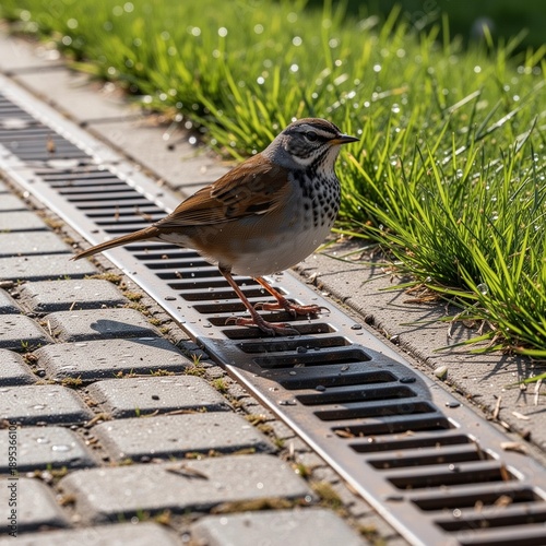 storm drain and paving stones with grass, a sparrow bird nearby
