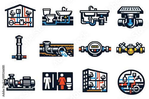 Residential and commercial plumbing systems vector icons in bold style: home plumbing layout, bathroom plumbing, kitchen sink system, floor drain, vent pipe. Vector icons