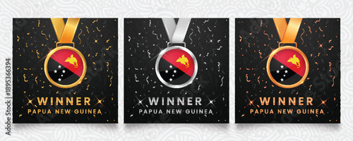 A distinguished collection of gold, silver, and bronze medals, each featuring the vibrant flag of Papua New Guinea, set against a sophisticated dark background with celebratory confetti and sparkling 