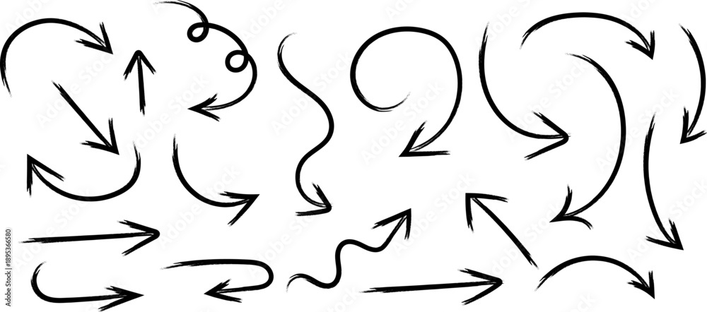Fototapeta premium A collection of hand drawn black arrows and swirling lines depicts various directional movements and circular pathways on a white background high quality