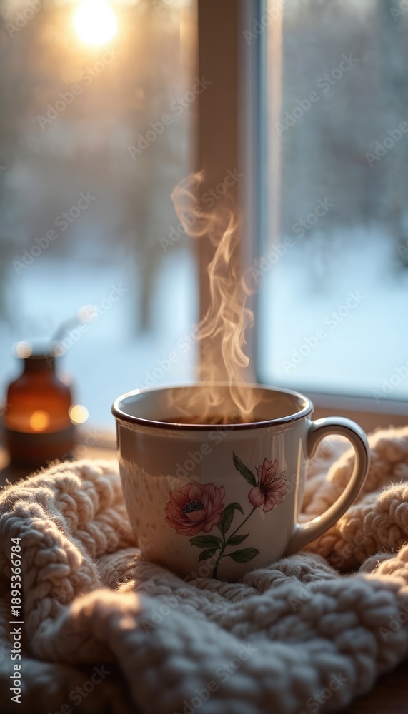 Naklejka premium Steaming hot coffee cup sits on a thick knit blanket. Outside window shows a blurred snowy winter scene. Warm light from a candle holder fills the cozy corner.