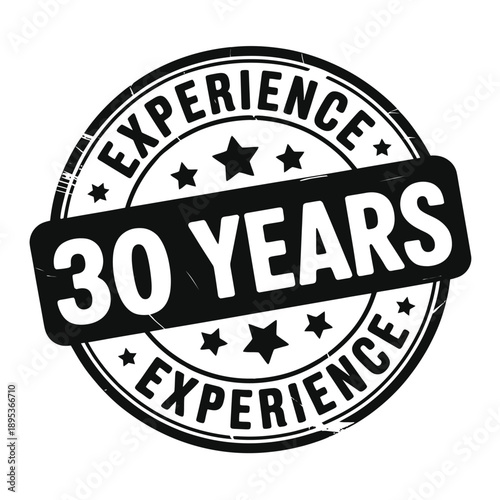 A circular badge proclaiming thirty years of experience with star accents