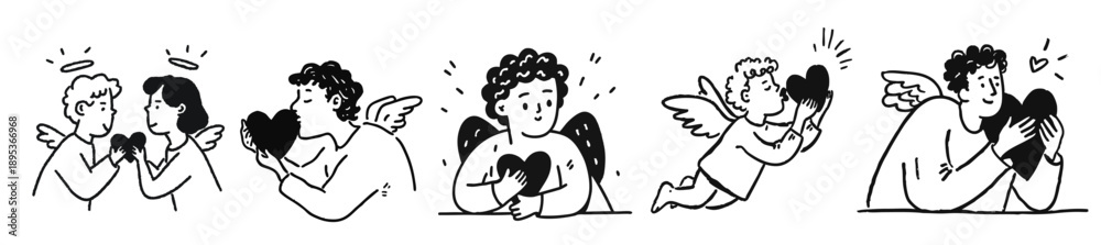 Fototapeta premium Hand drawn cupid cherub holding hearts in playful valentine doodle illustrations on white background