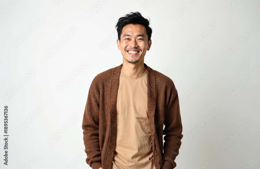 Obraz premium Smiling Vietnamese man wears brown cardigan over beige t-shirt. He stands against plain white backdrop, projecting confidence, warmth. This casual portrait is perfect for lifestyle, business content.