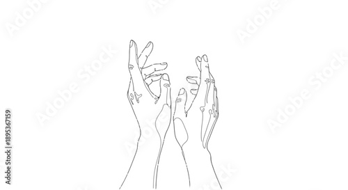 Simple line drawing of two hands reaching upwards with fingers spread.