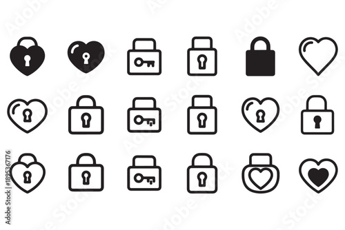 A collection of black and white icons featuring locks and hearts on a plain background