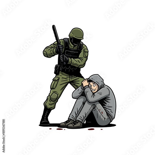 Soldier Threatening Civilian with Rifle in a Scene of Conflict.