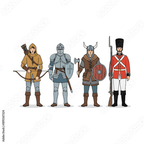 Historical Warriors and Soldiers from Different Eras Standing in a Row.