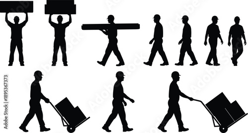Silhouettes of construction workers carrying and moving objects on a white background vector illustration